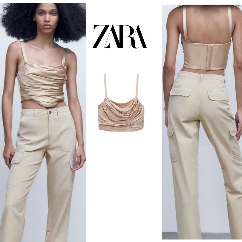 Zara champagne tan cream satin effect ruched draped corset bustier Sz S NWOT
